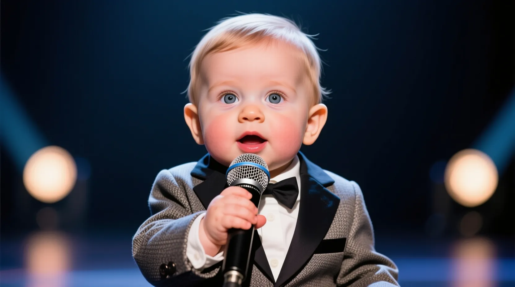Bebé lindo cantando con micrófono en un escenario brillante